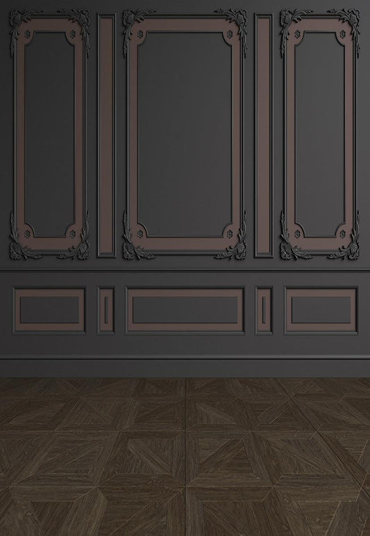 Dark Brown Wood Floor Black Wall Art Wall Photo Booth Prop Backdrop for Wedding