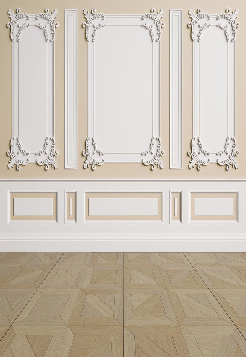 Beige White Wall Brown Wood Floor Backdrops for Wedding