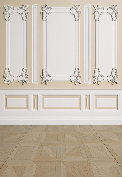 Beige White Wall Brown Wood Floor Backdrops for Wedding