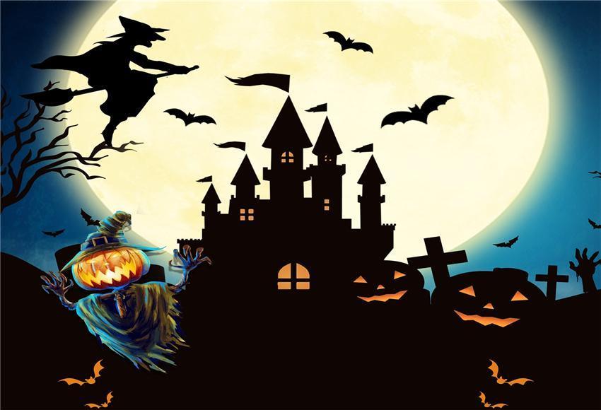 Bright Big Moon Witch Black Castle Halloween Backdrop