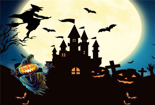 Bright Big Moon Witch Black Castle Halloween Backdrop
