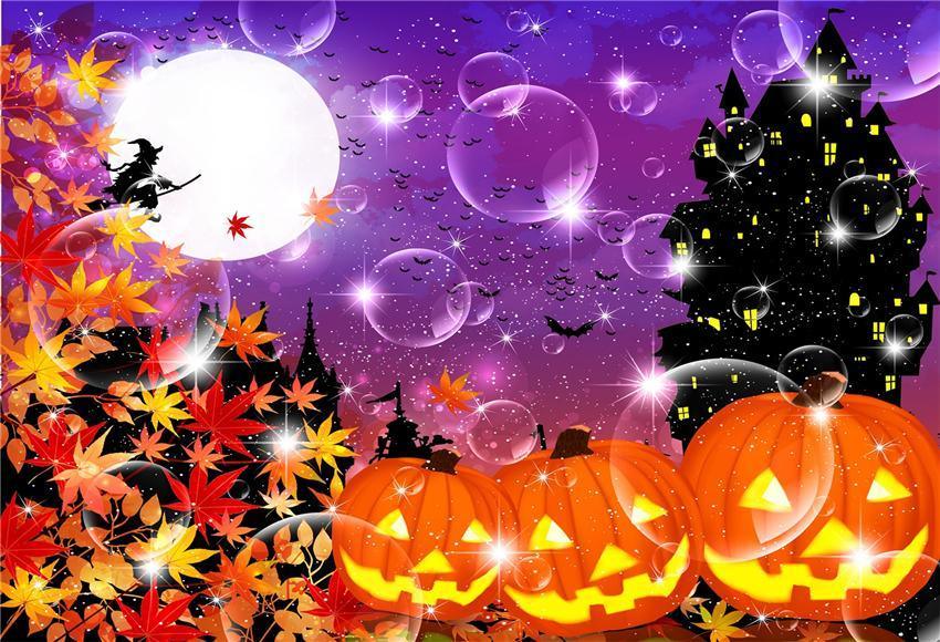 Maple Leaves Black Castle Shiny Halloween Backdrops