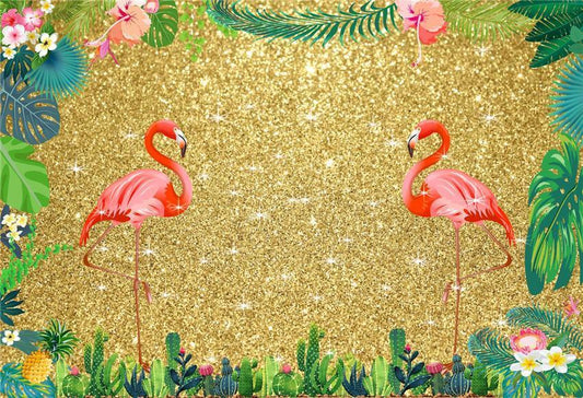 Gold Shiny Tropical Hawaii Flamingo Spring Photo Backdrop for Pictures