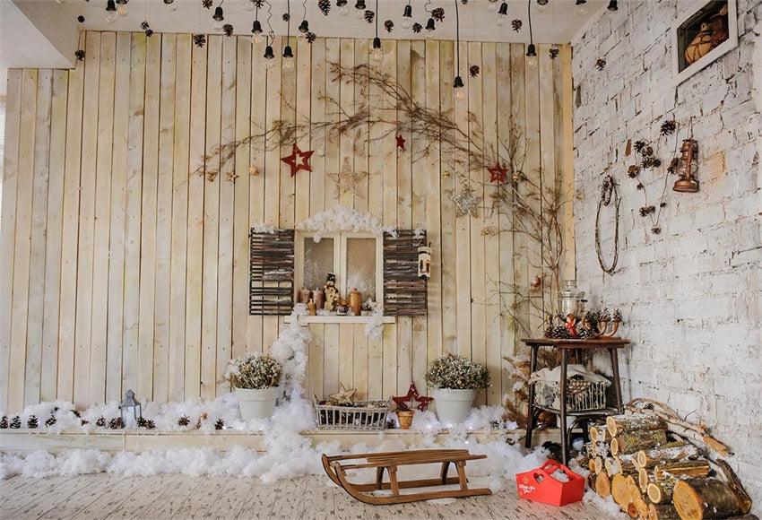 Wood Brick Snow Christmas Skiing Photography Backdrops