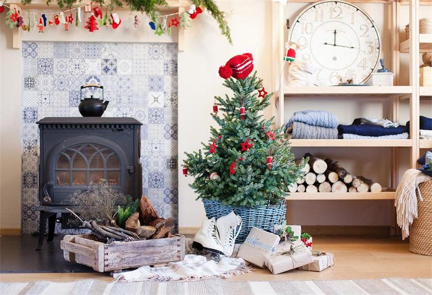 Black Fireplace Pine Backdrop for Christmas