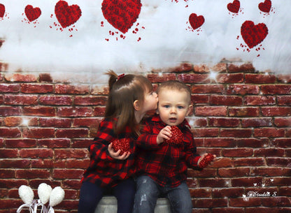 Red Brick Wall White Cloud Glitter Valentine's Day Backdrops