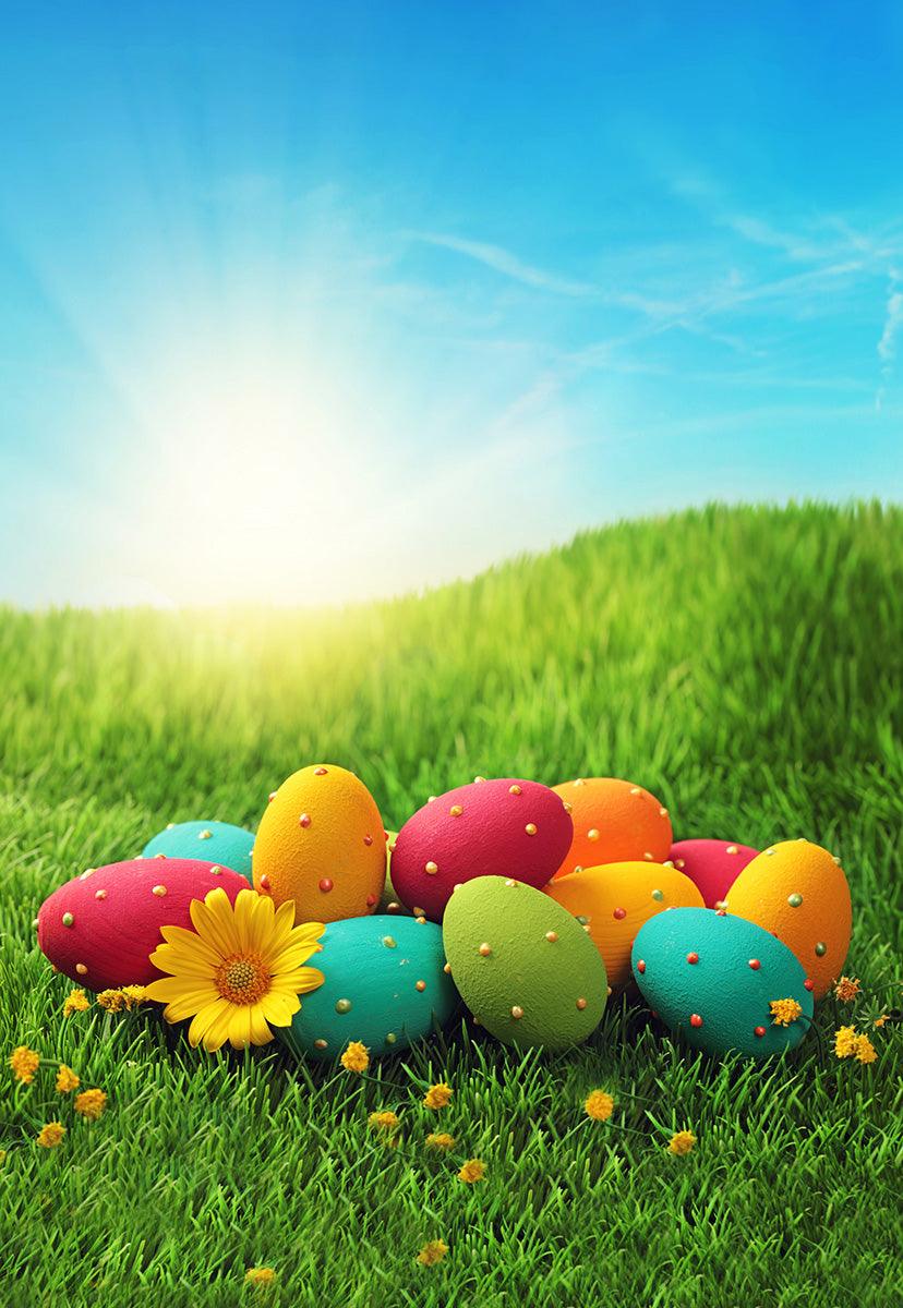 Blue Sky Green Grass Pearl Colorful Eggs Backdrop for Easter