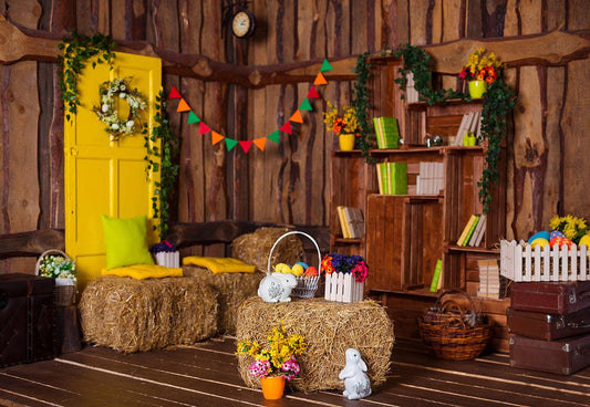 Brown Wooden Room Straw Colorful Easter Backdrops