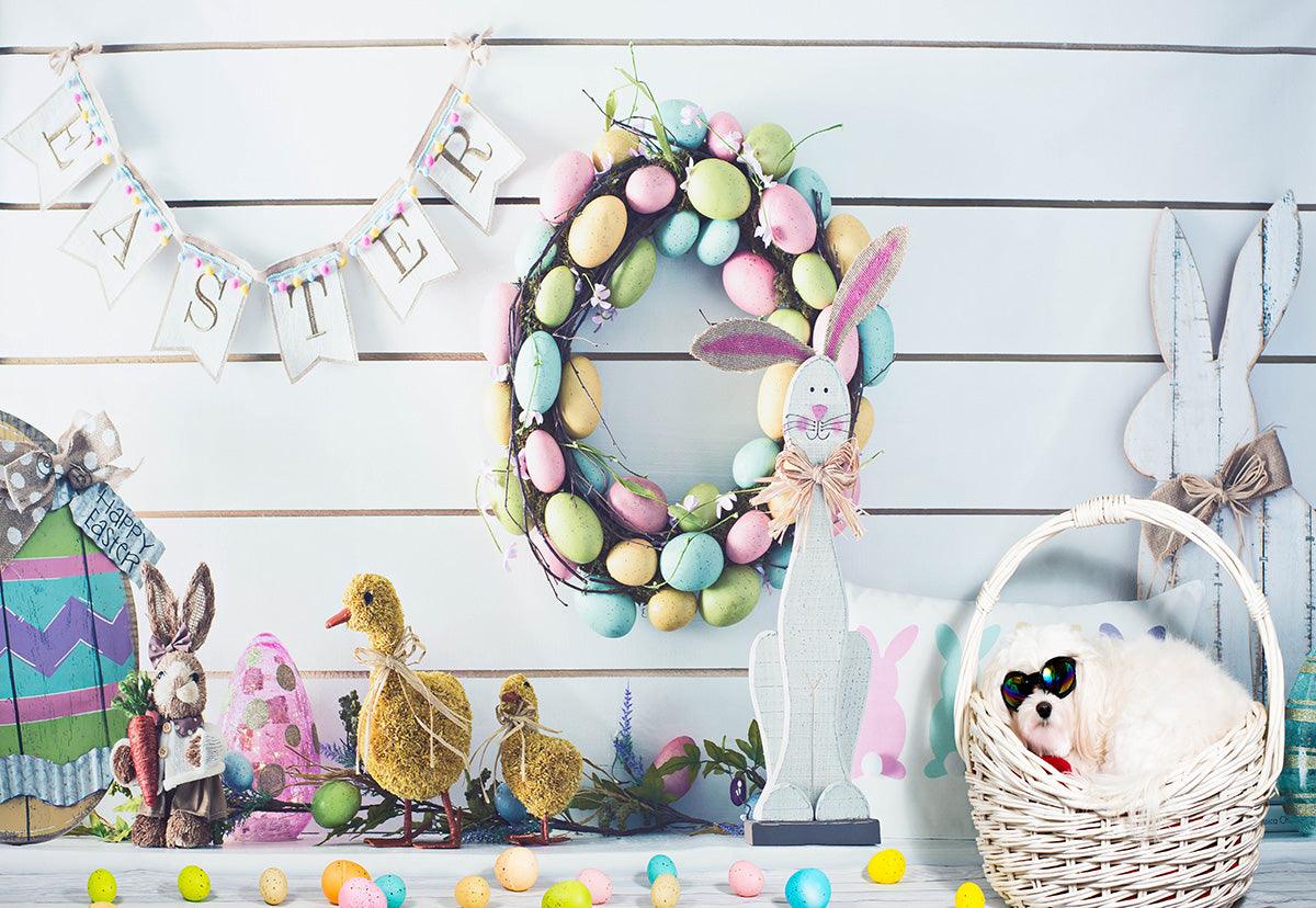 White Wood Colorful Eggs Happy Easter Backdrop for Photos