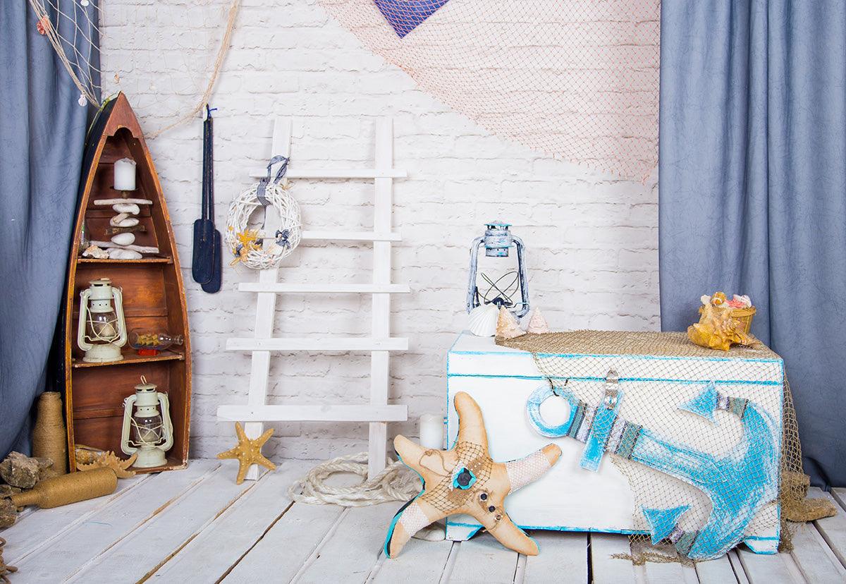 Anchor Fishing Net White Brick Wall Wood Floor Photo Backdrops