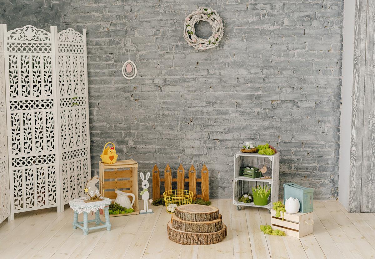 Vintage Brick Wall Wood Floor Easter Photography Backdrops