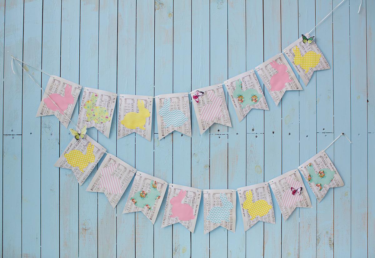 Vintage Blue Wood Wall Rabbit Card Easter Photography Backdrop