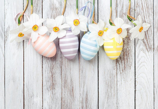 White Wood Eggs Flowers Easter Photo Backdrop for Studio