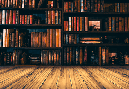 Blurred Image Many Old Books on Bookshelf In Library  Wooden Floor Backdrop SBH0105