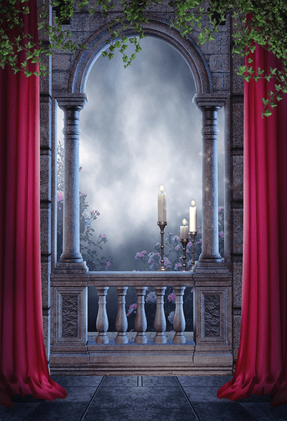 Vintage Balcony With Red Curtains Photography Backdrop SBH0255