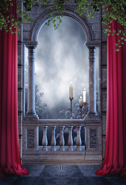 Vintage Balcony With Red Curtains Photography Backdrop SBH0255