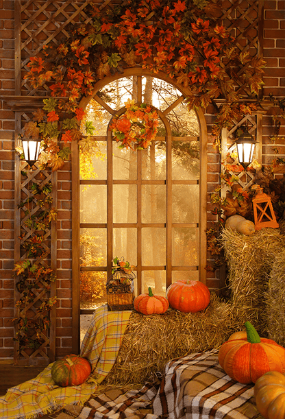 Autumn Farm Barn Window Pumpkin Hay Photography Backdrop SBH0620