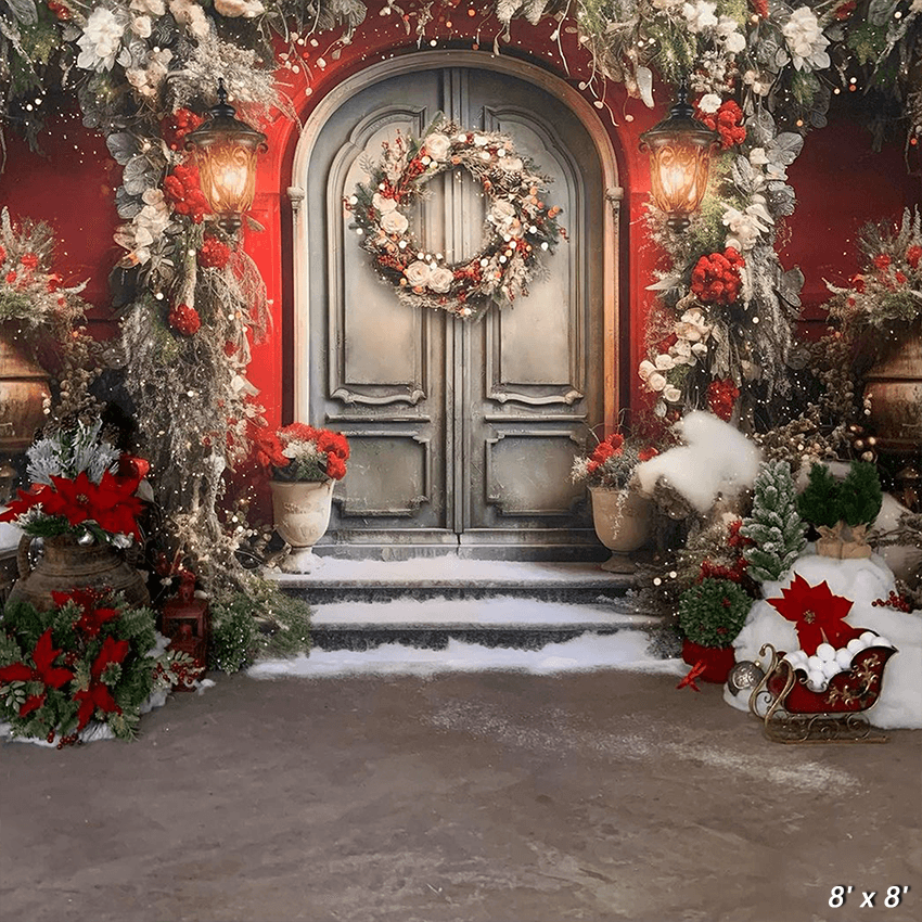 Wood Door Joyful Wreaths Christmas Children Portrait Photo Backdrop SBH0673