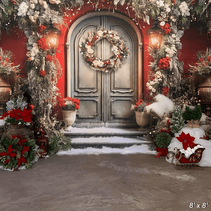 Wood Door Joyful Wreaths Christmas Children Portrait Photo Backdrop SBH0673