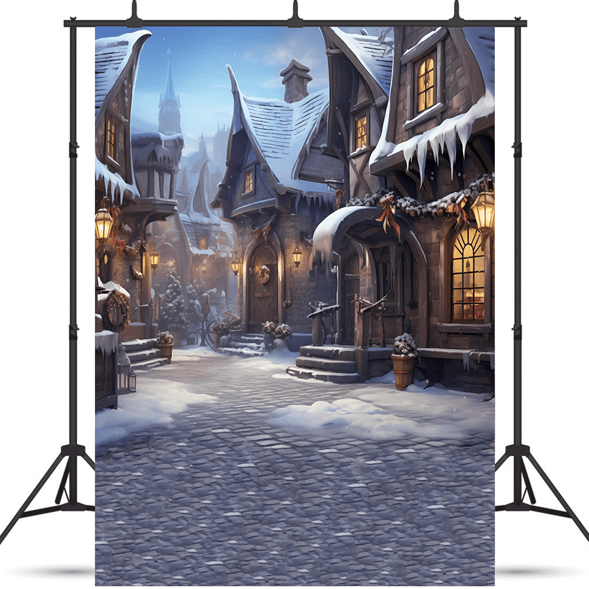 Fantasy Snowy Village Street Shops Christmas  Backdrop for Photo SBH0685