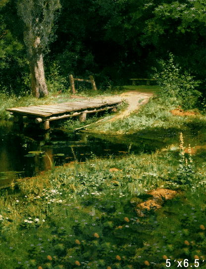 Peaceful Forest Path with a Rustic Wooden Bridge Backdrop SBH0735
