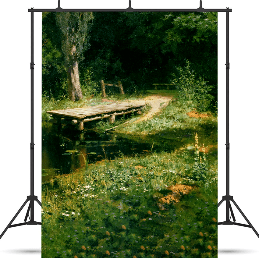 Peaceful Forest Path with a Rustic Wooden Bridge Backdrop SBH0735