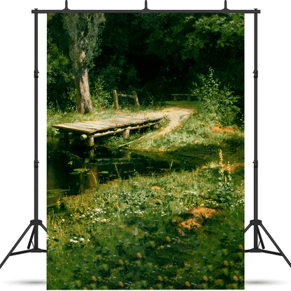 Peaceful Forest Path with a Rustic Wooden Bridge Backdrop SBH0735