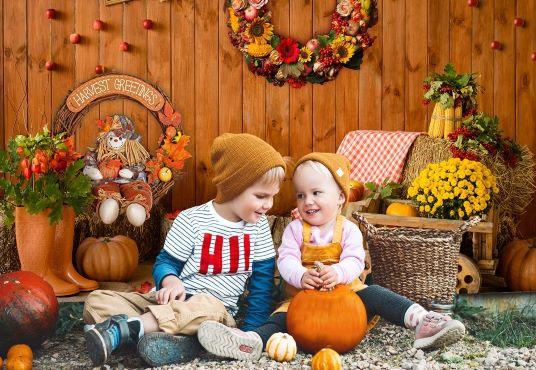 Pumpkin Flower Wood Wall Photography Backdrop for Thanksgiving