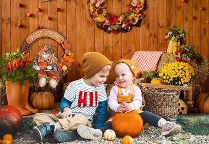 Pumpkin Flower Wood Wall Photography Backdrop for Thanksgiving