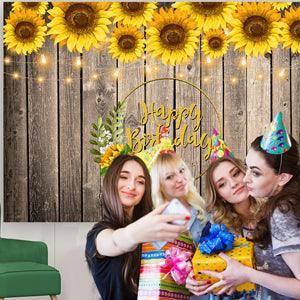 Sunflower Decoration Dark Wood Texture  Photography Backdrop for Happy Birthday