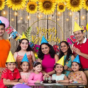 Sunflower Decoration Dark Wood Texture  Photography Backdrop for Happy Birthday