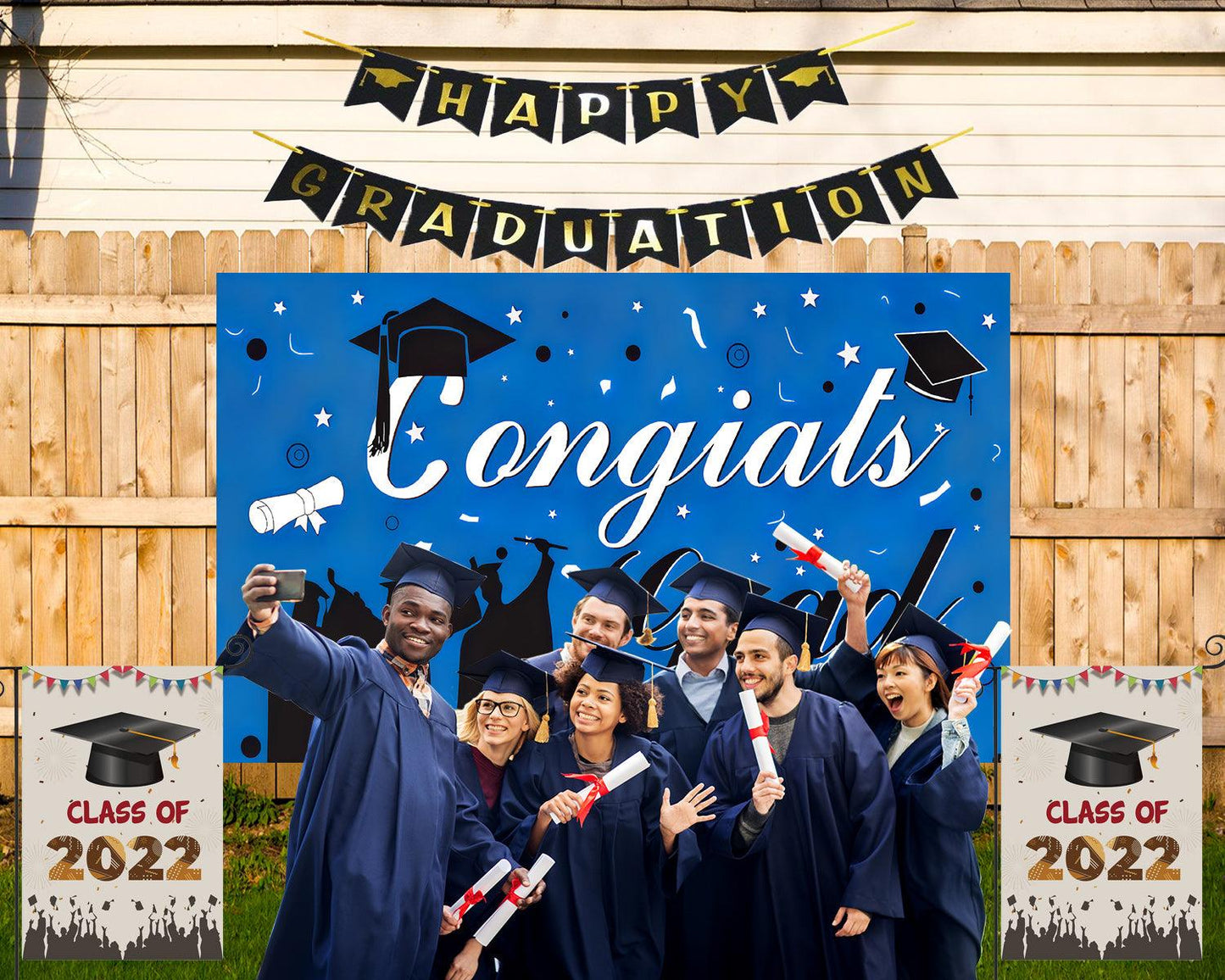 Blue Graduation Party Backdrop Blue Background Curtain Congratulations Graduation Party TKH1843
