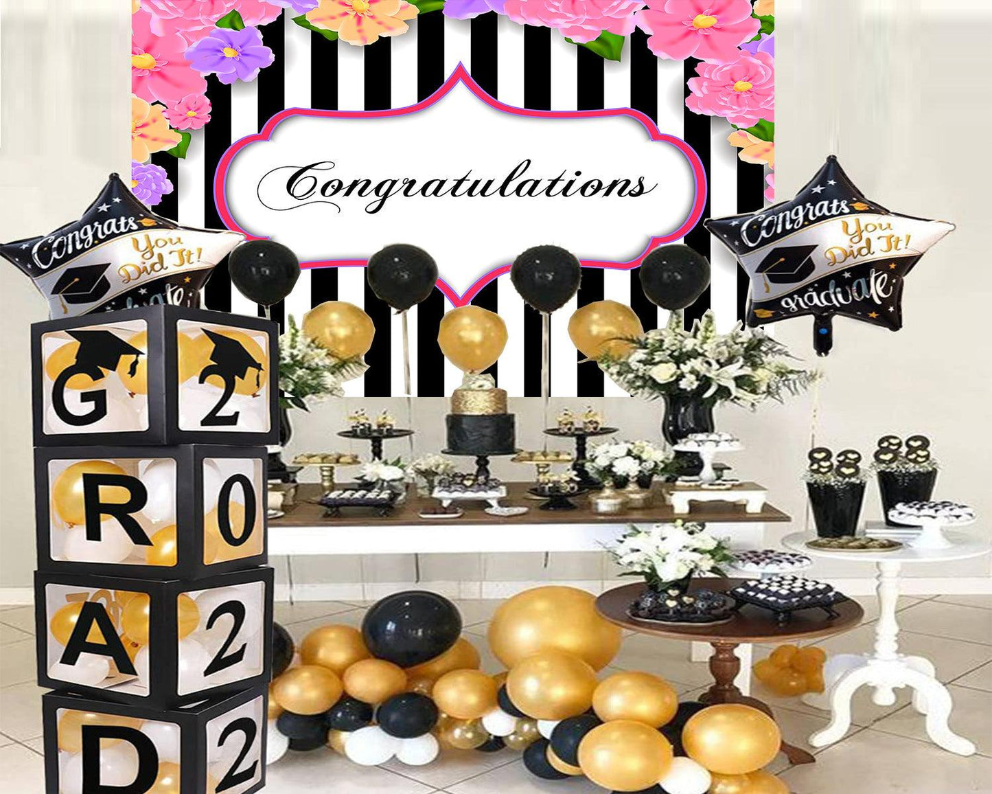 Black and White Stripe Graduation Celebration Backdrop for Photography Graduation Party Decorations TKH1847