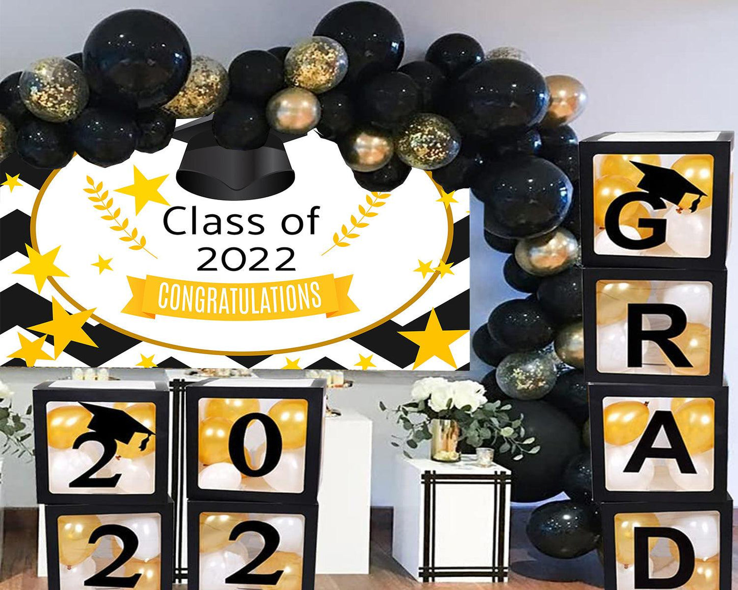Black and White Background Graduation Party Decorations Yellow Photo Backdrop for Photography TKH1859