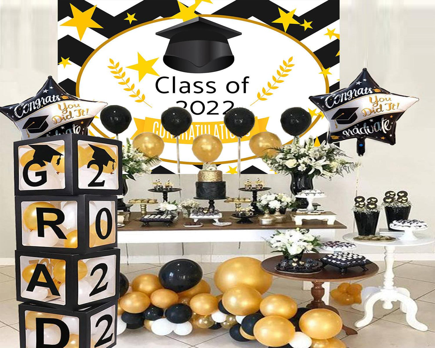 Black and White Background Graduation Party Decorations Yellow Photo Backdrop for Photography TKH1859