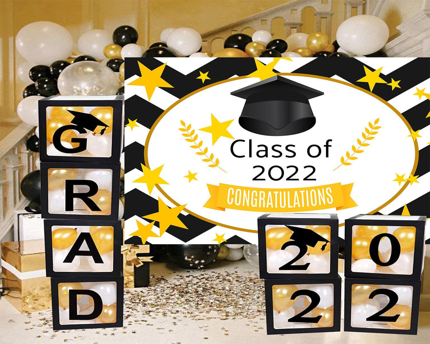 Black and White Background Graduation Party Decorations Yellow Photo Backdrop for Photography TKH1859