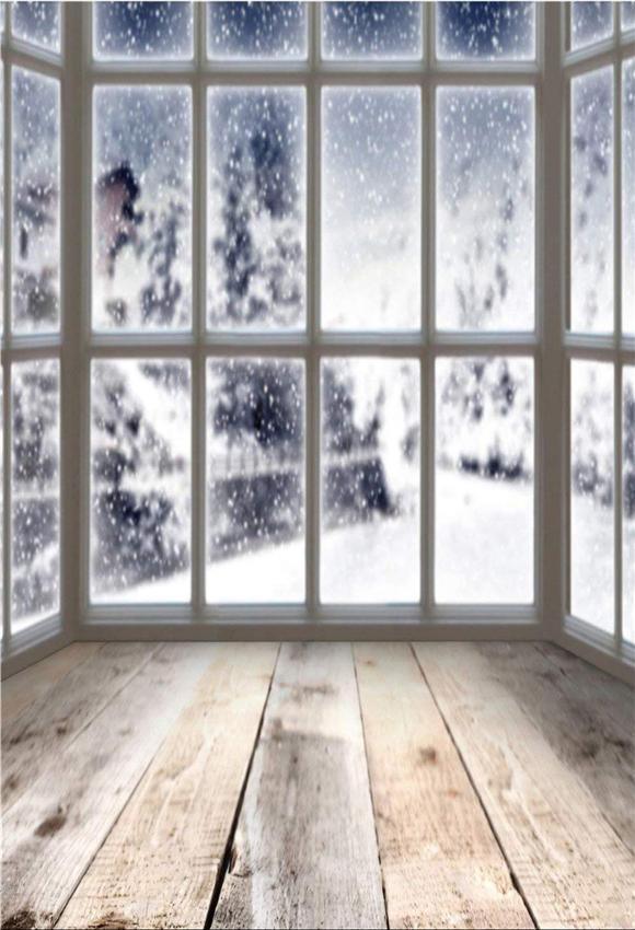 Winter Window Wood Floor Snow Backdrop J06252