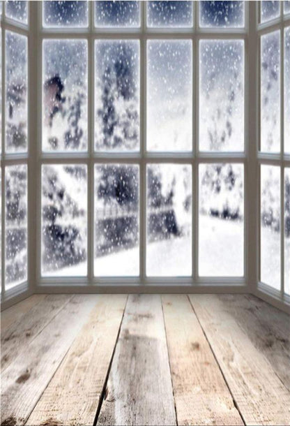 Winter Window Wood Floor Snow Backdrop J06252