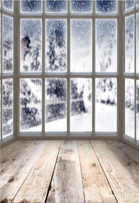Winter Window Wood Floor Snow Backdrop J06252